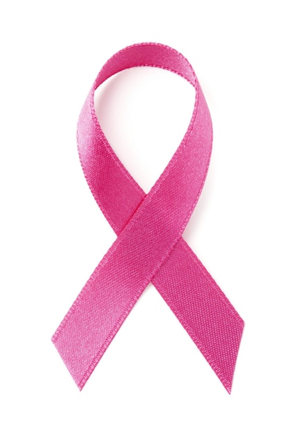 Pink breast cancer awareness ribbon on white
