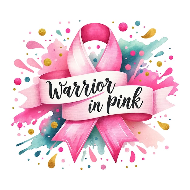 Pink breast cancer awareness ribbon with splash of watercolor in background banner Warrior in pink