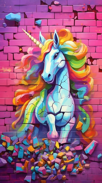 pink brick wall with colorful unicorn