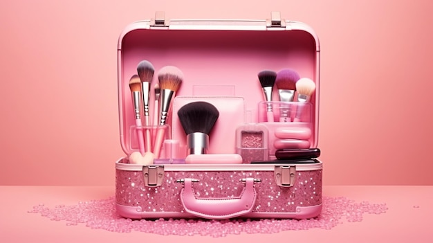 Pink briefcase with brushes