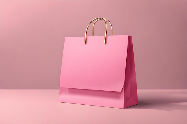 ピンクの鮮やかな赤い紙のショッピングバッグと金色のリボンハンドルモックアップ写真 遊び場AIプラットフォーム