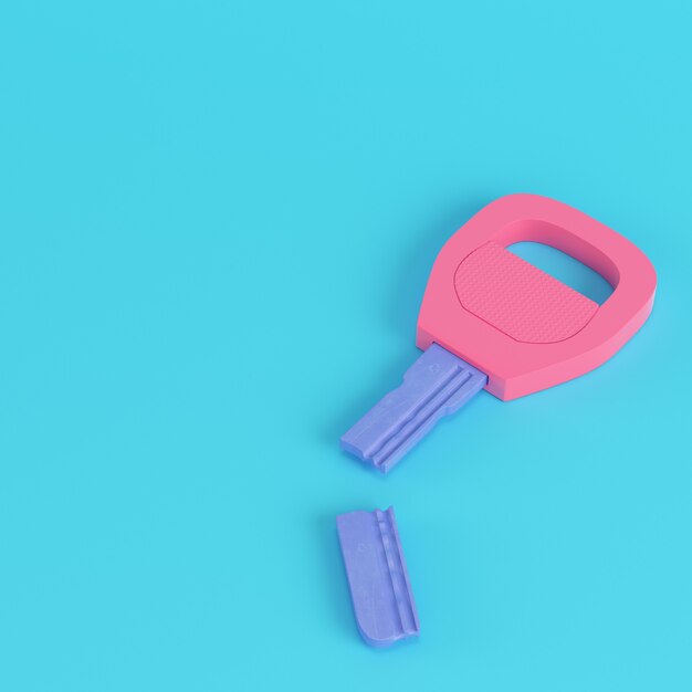 Pink broken key on bright blue background in pastel colors. Minimalism concept. 3d render