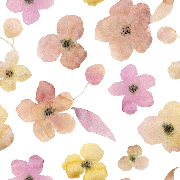 Фото Розовые, коричневые, желтые акварельные цветы на белом фоне бесшовные модели. элегантная цветочная плитка.