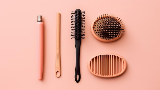 A pink brush sits next to a comb on a pink background.