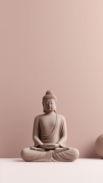 A pink buddha statue sits on a table next to a pink wall.