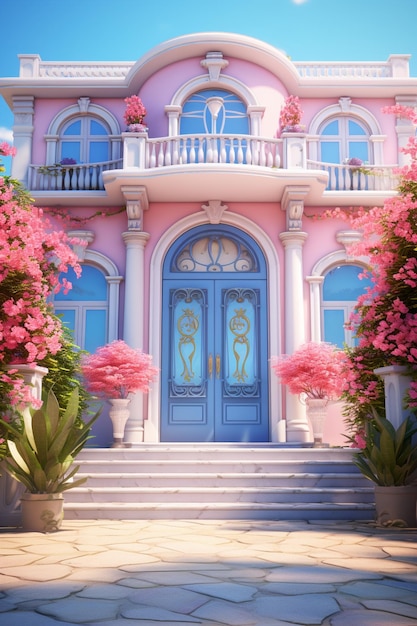 파란색 정문과 꽃이 있는 분홍색 건물이 현실적인 인테리어 스타일로 다채롭습니다.
