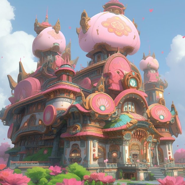 A pink building with a pink roof and a pink roof with a flower on it.