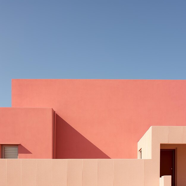 A pink building with a pink wall and a window that says