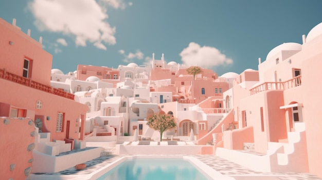 A pink building with a pool in front of it