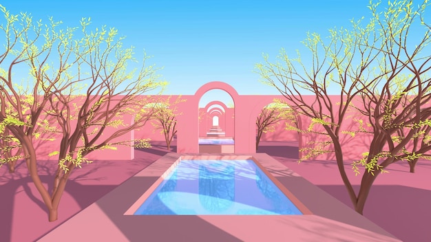 Un edificio rosa con una piscina al centro.