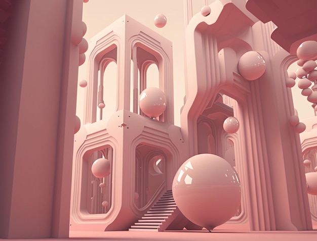 A pink building with a staircase and a large pink ball.