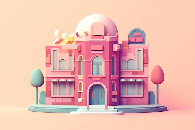 A pink building with trees