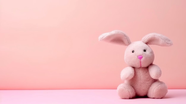 A pink bunny toy for children on a plain background Copy space Space for text