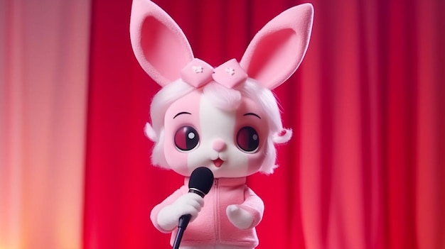 A pink bunny with a microphone on it