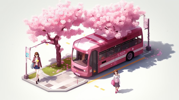 A pink bus with the word hello on it