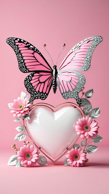 Foto farfalla rosa poggiata su una scatola a forma di cuore