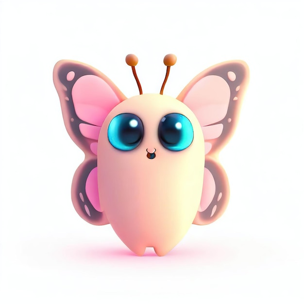A pink butterfly with blue eyes and a pink body is on a white background.