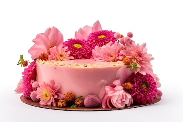 Розовый торт украшен цветами на белом фоне AI генеративный