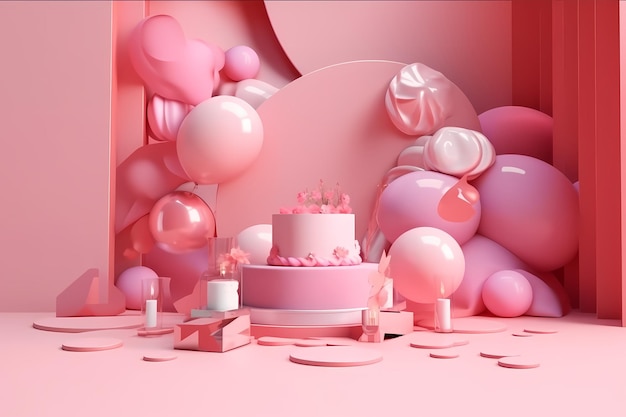 A pink cake is in front of a pink wall with balloons.