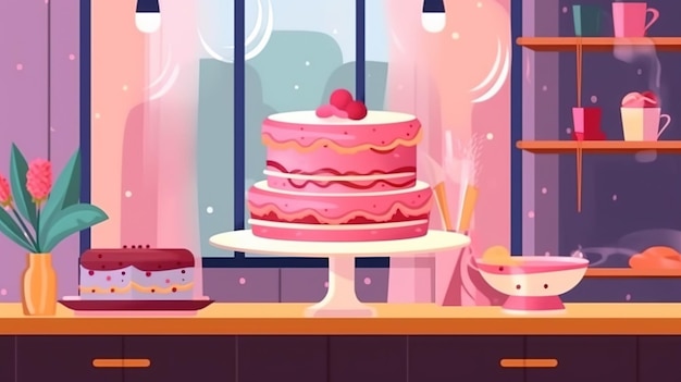 A pink cake on a stand with a pink cake on it.