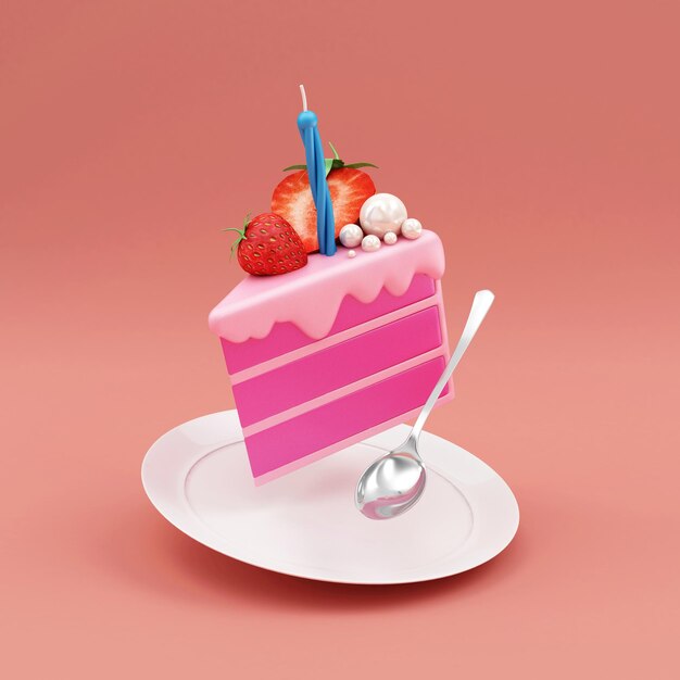 Photo a pink cake with a candle on it and a spoon on a pink background.