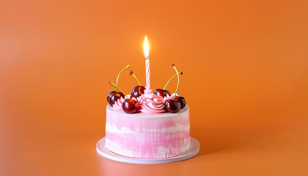 A pink cake with a candle on it