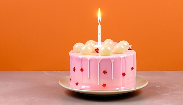 A pink cake with a candle on it