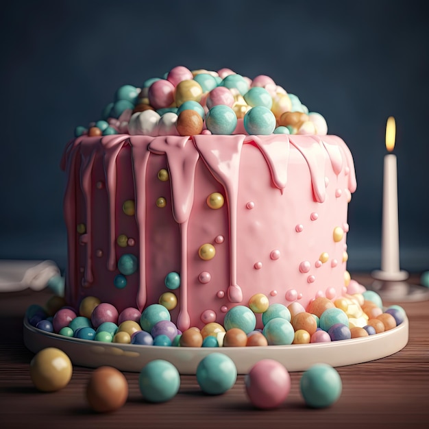 A pink cake with candy on a table