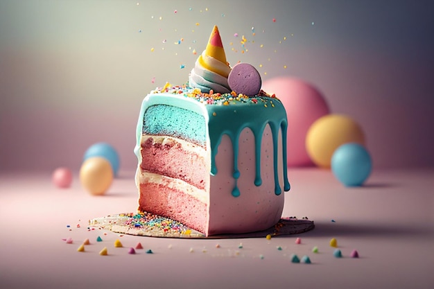 A pink cake with a cone on it