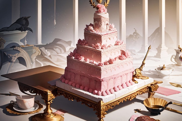 A pink cake with a crown on it