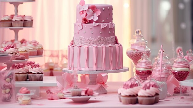 Pink Cake with cupcakes