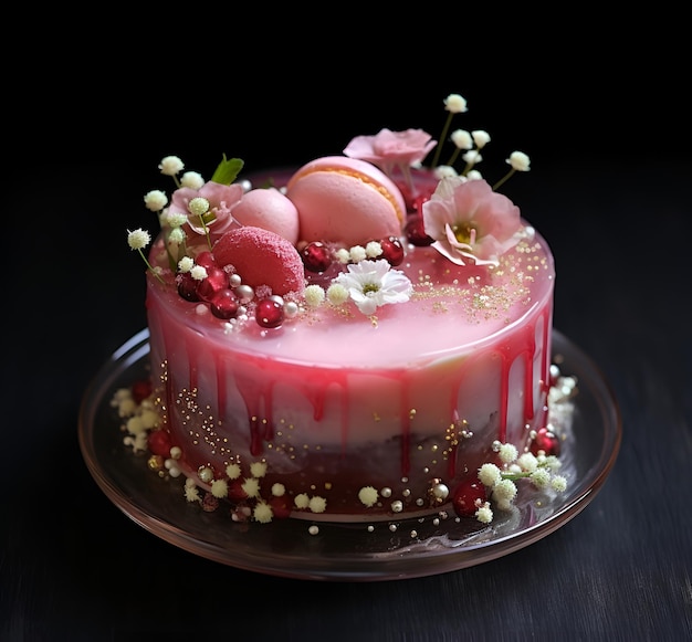 Pink cake with edible flowers generative ai image high quality photo