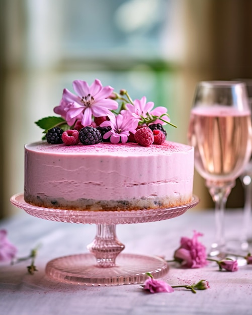 A pink cake with flowers on it sits on a table.