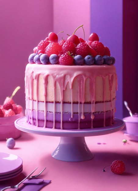 pink cake with fruits on top