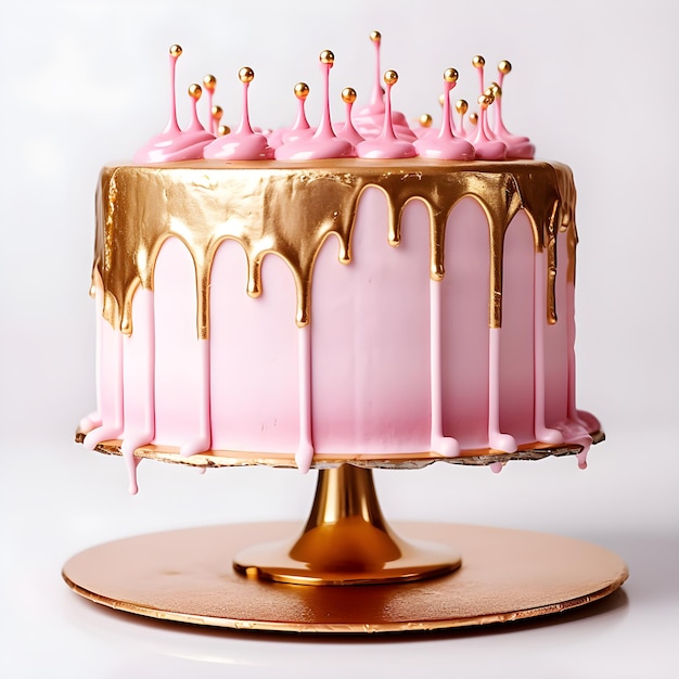 A pink cake with gold icing and pink icing with the number 3 on it.