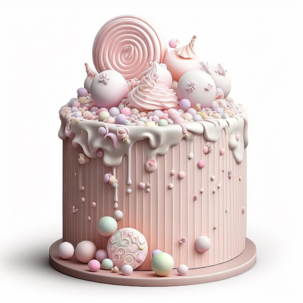 A pink cake with pink and white decorations and a pink ball on top.