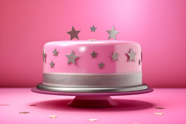 A pink cake with silver stars on top of it