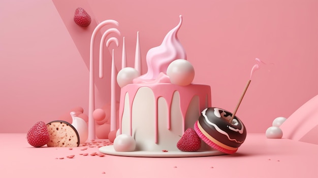 Розовый торт с клубникой сверху и клубникой снизу.