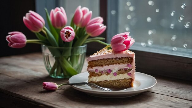 Pink cake on a wooden table