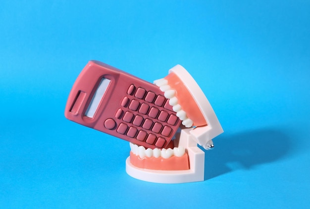 Pink calculator in teeth of jaw model Blue bright background Minimal concept