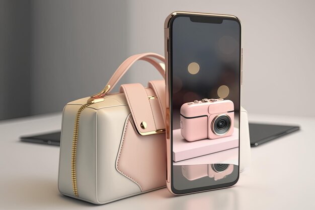 A pink camera is on a phone next to a pink camera.