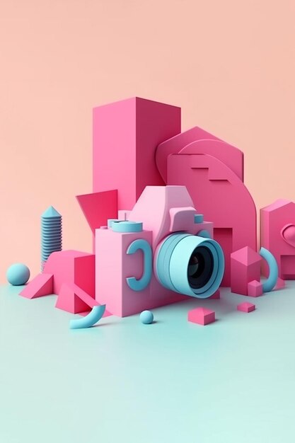 A pink camera with a blue box behind it.