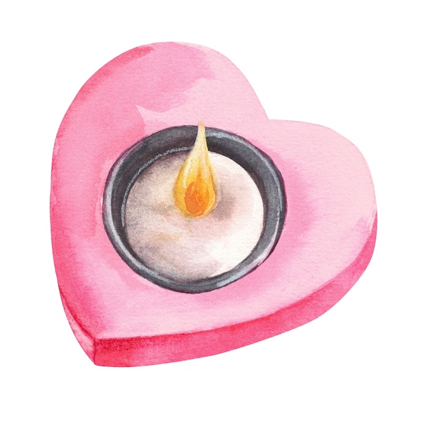 Pink candle in the shape of a heart for Valentine's Day Watercolor