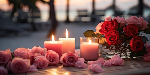 Pink candles by the pool with the scent of roses High quality photo Generative AI