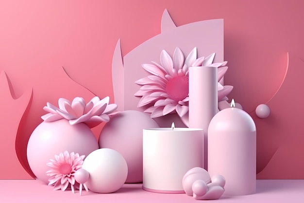 Pink candles and flowers on a pink background