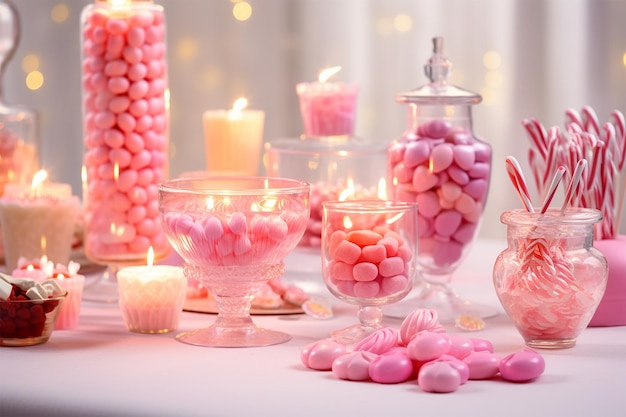 Pink candy bar with lollipops and macaroons dessert delicious