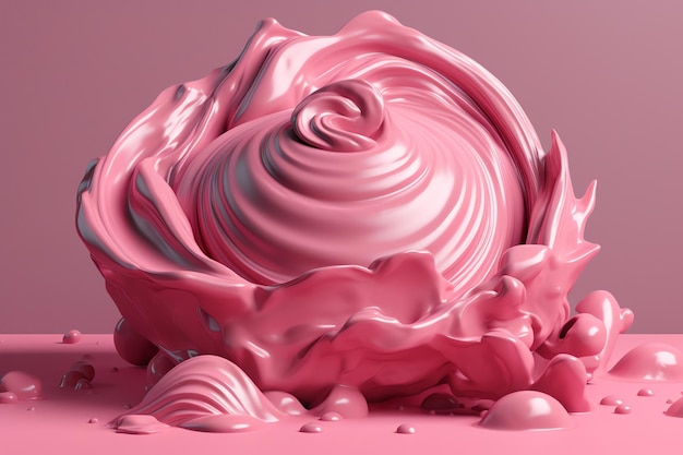 A pink candy with a splash of cream on it