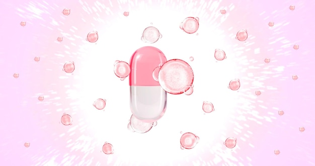 약물이 있는 분홍색 캡슐. 거품으로 둘러싸인 투명한 알약