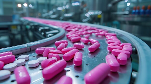 Pink capsules undergo production and packing in a modern pharmaceutical plant