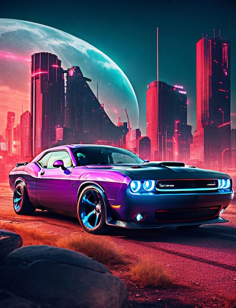 a pink car dodge challenger in a cyber punk landscape